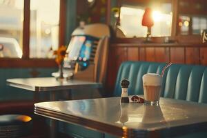 A table with a drink and a soda machine photo