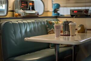 A booth with a table and two chairs photo