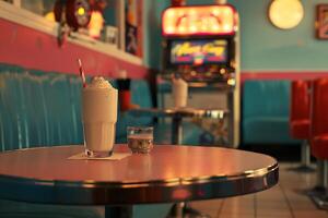 A table with a milkshake and a drink sitting on it photo