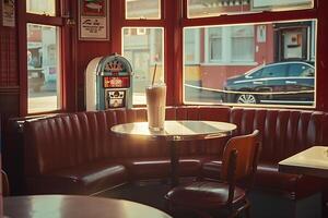 A red booth with a table and chairs in front of a window photo