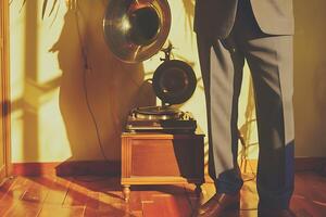 A man in a suit standing next to a vintage record player photo