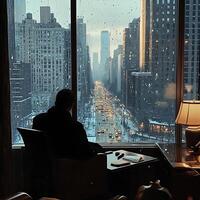 A man sitting at a desk looking out a window at a city photo
