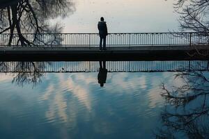 A person standing on a bridge looking at the reflection of trees in the water photo