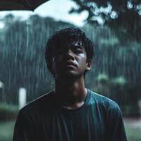 A young man standing under an umbrella in the rain photo