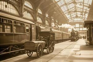 A train station with a train and a cart photo