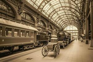 A train station with a train and a cart photo