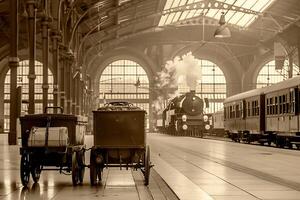 A train station with a cart and a train photo