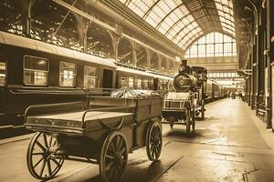 A train station with a cart and a train photo