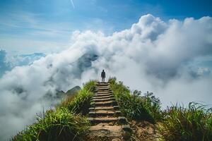 A person standing on a path leading up to the clouds photo