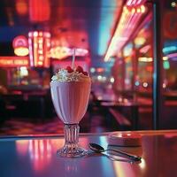 A milkshake sits on a table in front of neon signs photo