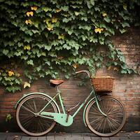 A bicycle is parked against a brick wall photo