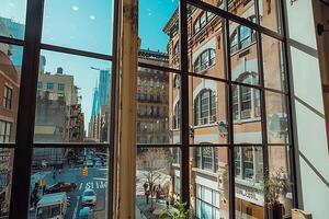 A view of the city through the windows of a building photo