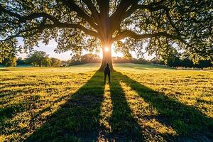 A person standing under a tree in a field photo