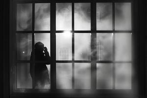 A person standing in front of a window with a foggy background photo