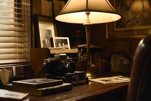 A desk with a lamp and a camera on it photo