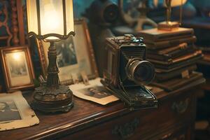 A lamp, a camera, and a lamp on a table photo