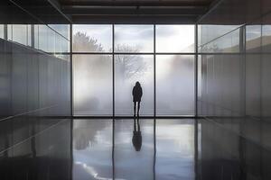 A person standing in front of a large glass door photo