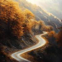 A winding road in the mountains with trees photo