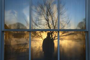 A person standing in front of a tree with a reflection in the window photo