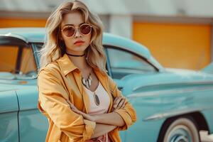 A woman in sunglasses and a yellow jacket is standing next to a classic car photo