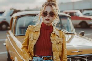 A woman in sunglasses and a yellow jacket standing next to a car photo