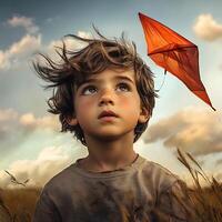 A young boy looking up at a kite in the sky photo
