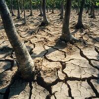 A field of trees with cracked ground and bare trees photo