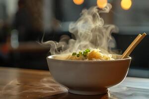 A bowl of noodles with chopsticks sitting on top of a table photo