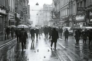 A group of people walking down a street with umbrellas photo