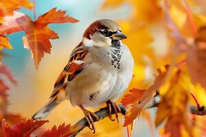 A bird sitting on a branch in the fall photo