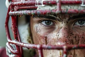 A close up of a football player with a dirty face photo