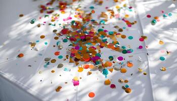 A table covered with confetti and colorful confetti photo