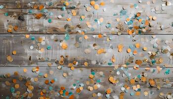 A wooden wall with many confetti dots on it photo