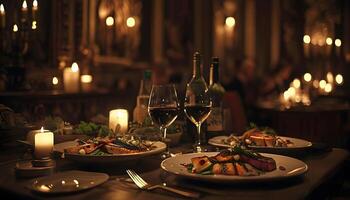 A table with two plates of food and wine photo