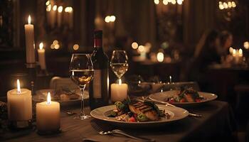 A table with food and wine is set up for a dinner photo