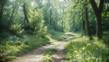A dirt path through a forest with trees and grass photo