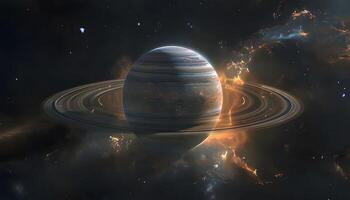Saturn in the outer space with a ring around it photo