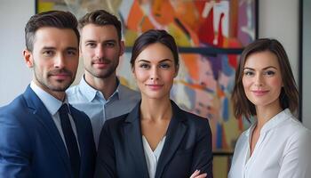 A group of business people standing in front of a painting photo