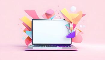 Laptop with blank screen on a pink background photo