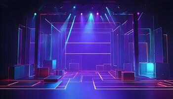 An empty stage with neon lights and a spotlight photo