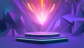An abstract stage with neon lights and a spotlight photo