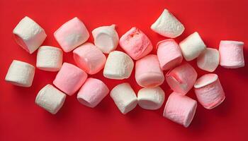 A pile of marshmallows on a red background photo