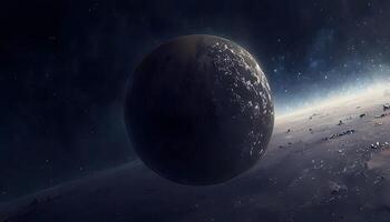 An alien planet with a large sphere in the sky photo