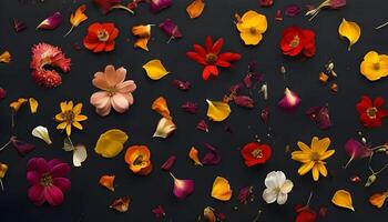 A large group of flowers scattered on a black background photo