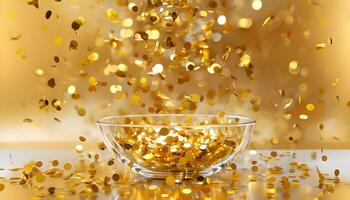 Golden confetti falling from a bowl on a shiny background photo
