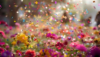 A field of colorful flowers with confetti falling from the sky photo