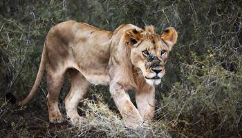 A lion walking through the brush photo