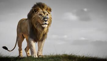 A lion standing on a hill with a cloudy sky photo