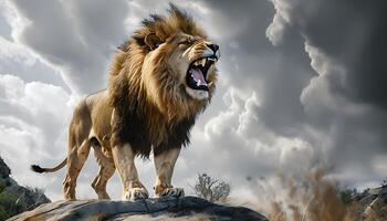 A lion roaring on a hill with a cloudy sky photo
