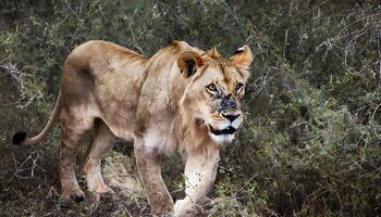 A lion walking through a field of tall grass photo